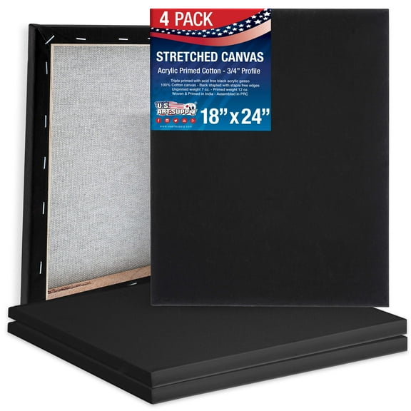 U.S. Art Supply 18 x 24 inch Black Stretched Canvas 12-Ounce Primed, 4-Pack - Professional Artist Quality 3/4" Profile, 100% Cotton, Heavy-Weight, Gesso - Painting, Acrylic Pouring, Oil Paint
