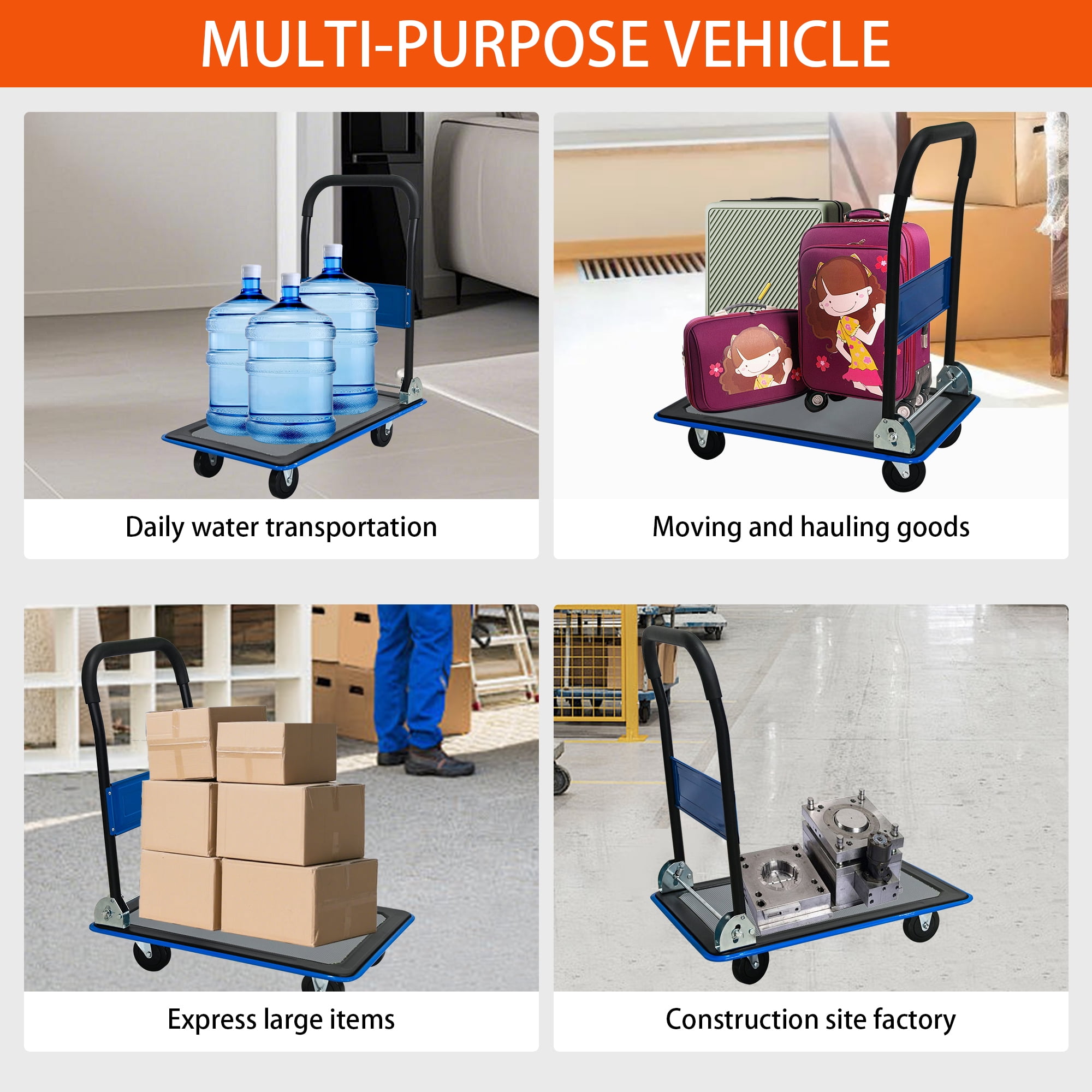 Flatbed Cart, 330lbs Heavy Duty Capacity Platform Hand Truck 360 Degree Swivel Wheels Foldable Push Hand Cart for Loading and Storage, Warehouse-Blue