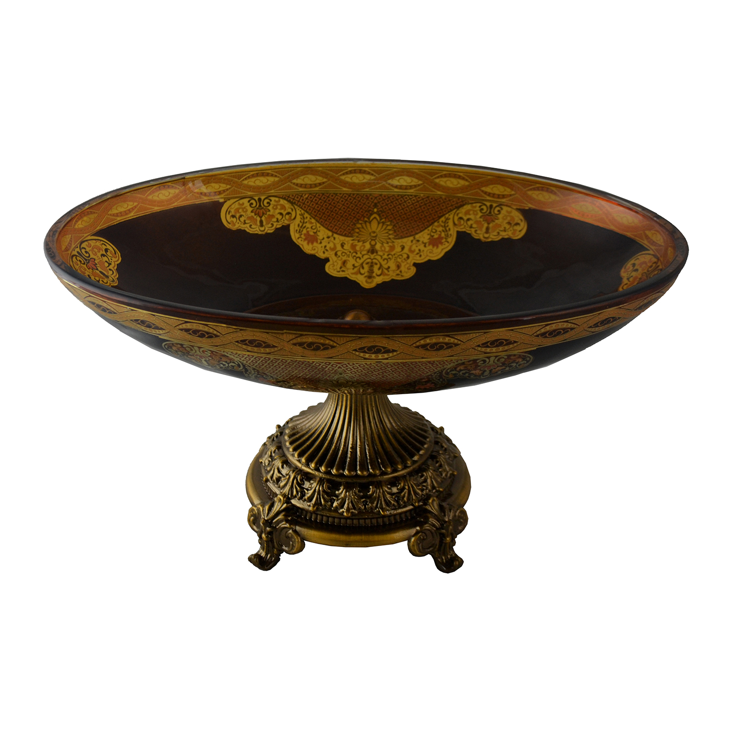 Oval Glass Bowl Centerpiece, Base Made Out of Solid Brass, Brown & Amber Colored Bowl