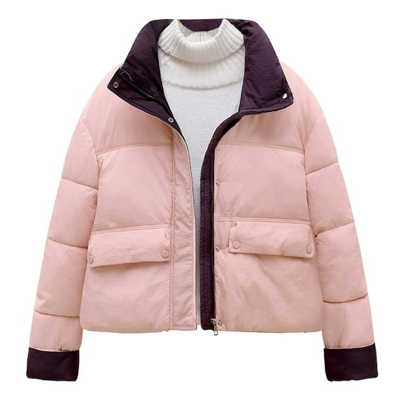 TKLPEHG Full Zip Up Puffer Cropped Coat For Women Long Sleeve Thermal Jacket With Pockets Winter Warm Coats (Pink,M)