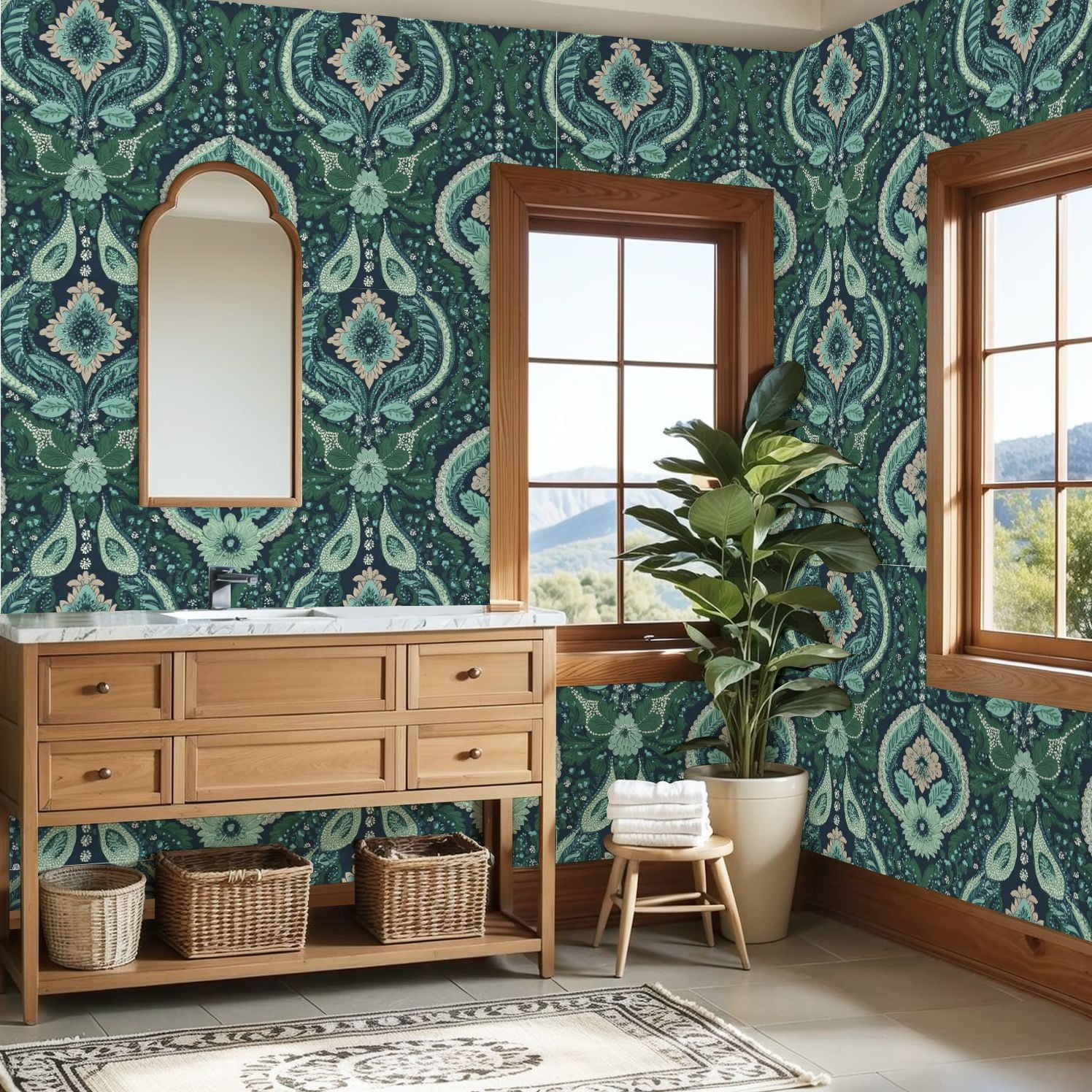 Paisley Peel and Stick Wallpaper 23.6in x 9.8ft Floral Paisley Shades Green Blue Pink Dark Contact Paper Vinyl Waterproof Self Adhesive Wall Paper for Bedroom Shelf Cabinet Renter Friendly