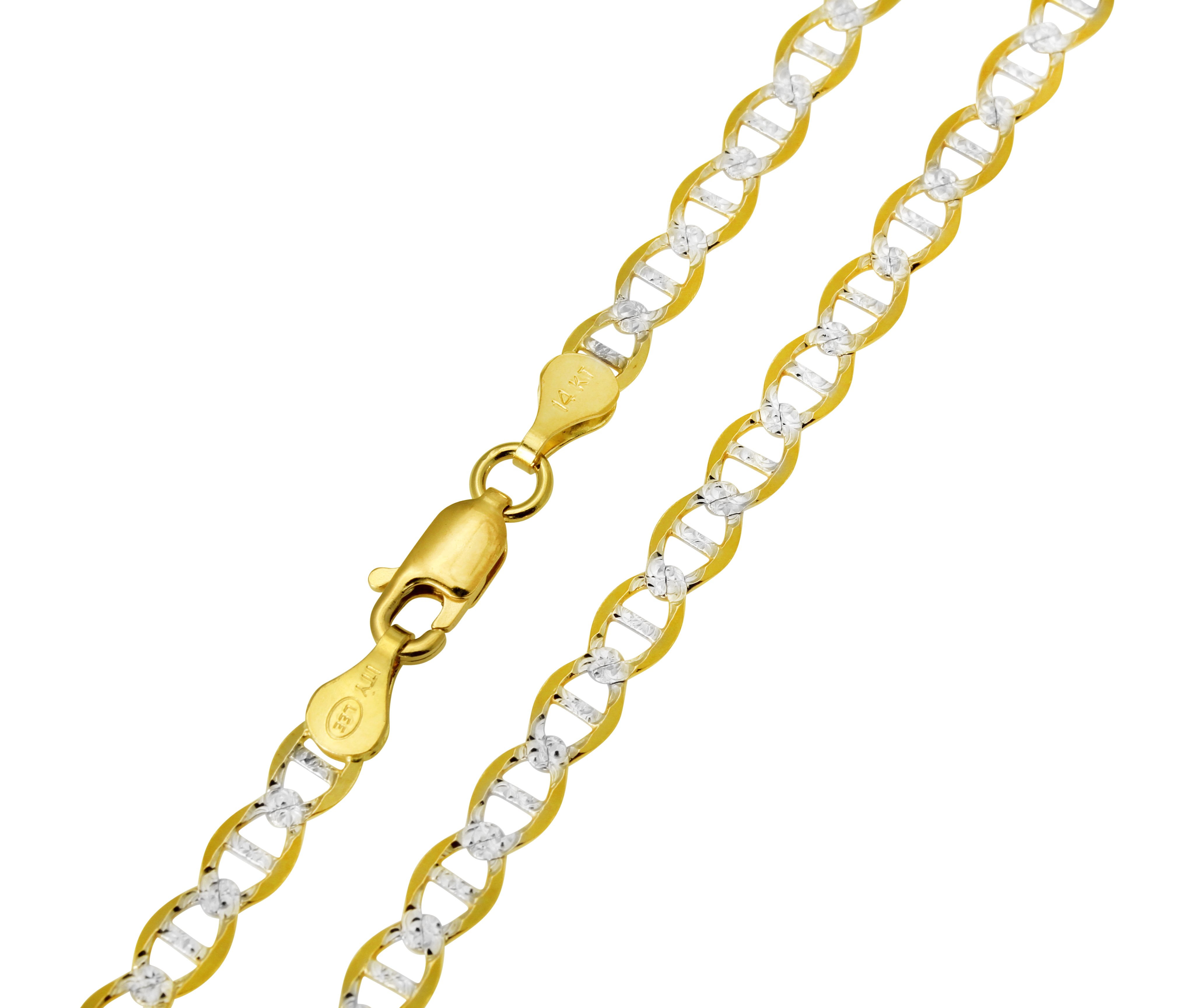 14K Real Yellow Gold Flat Mariner Two Tone White Pave Chain Necklace 4 ...