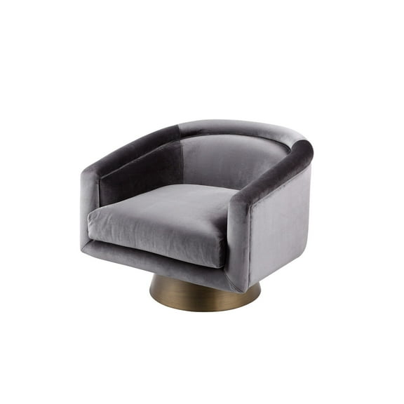 Rxa 33 Inch Swivel Lounge Chair- Barrel Back- Padded Gray Velvet Upholstery