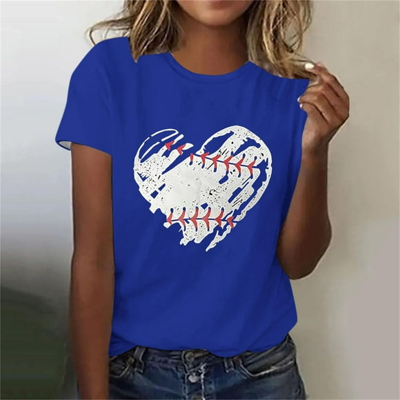 Meichang Baseball Shirts Women Baseball Heart Graphic Tees Shirts Short Sleeve Tops Crew Neck Casual Loose Fit Tshirts Summer Fashion Mom T Shirts Blue XXL