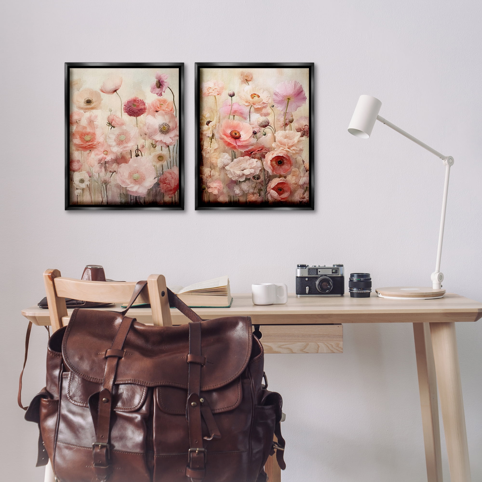 Stupell Industries Pink Blush Floral Field Plants & Flowers Painting Black Floater Framed Canvas Art Print Wall Art, 17 x 21, Set of 2