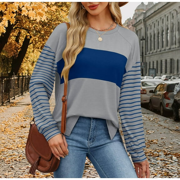 Wancir Lightweight Long Sleeve Shirts for Women Fall Fashion 2024 Colorblock Crew Neck tops Loose Fit Striped Shirt
