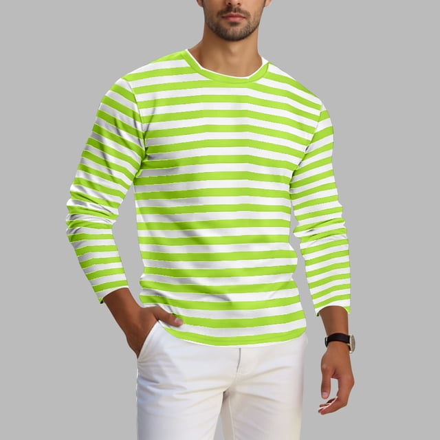 Ceisia Men's Spring Fall Casual Regular Fit Crew Neck Long Sleeve T-Shirt Multi-Color Striped Cotton-Like Jersey Stretch Fabric Army Green M Gifts