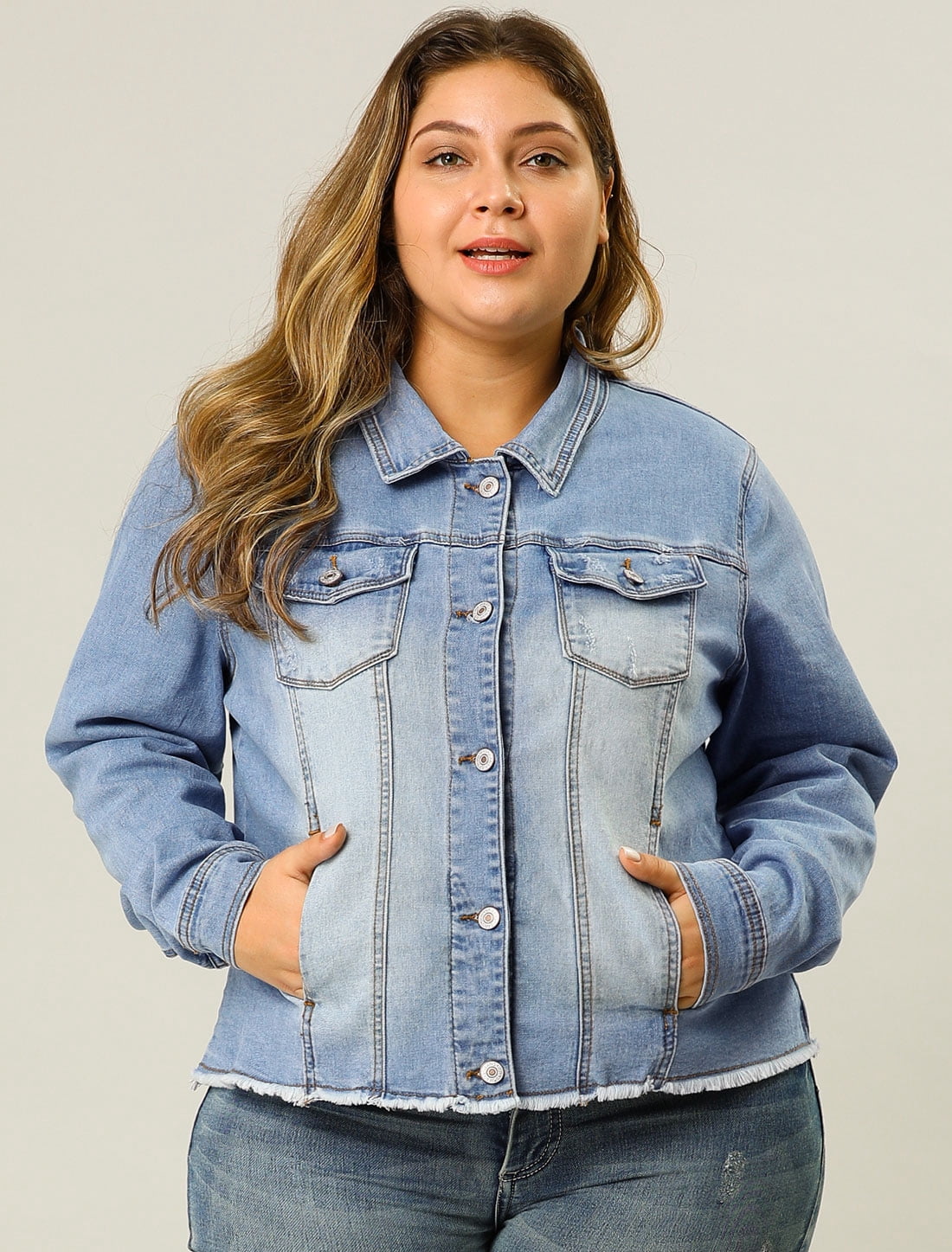 DARING DIVA Women's Plus Size Washed Front Frayed Classic Denim Jacket 6X Light Blue