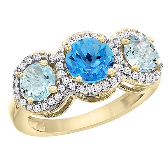 14K Yellow Gold Natural Swiss Blue Topaz & Aquamarine Sides Round 3-stone Ring Diamond Accents, size 6