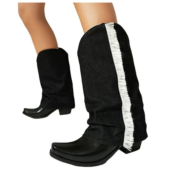 Fold Over Cowboy Boots for Women Slouchy Denim Tassel Wide Mid Calf Western Cowgirl Riding Boots
