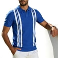 thumbnail image 4 of Men's Knit Horizontal Striped Short Sleeve Open V-Neck Collared Polo Shirt, Casual Slim Fit Top, Breathable Knitwear for Smart Casual Style and Everyday Wear Blue XL, 4 of 4