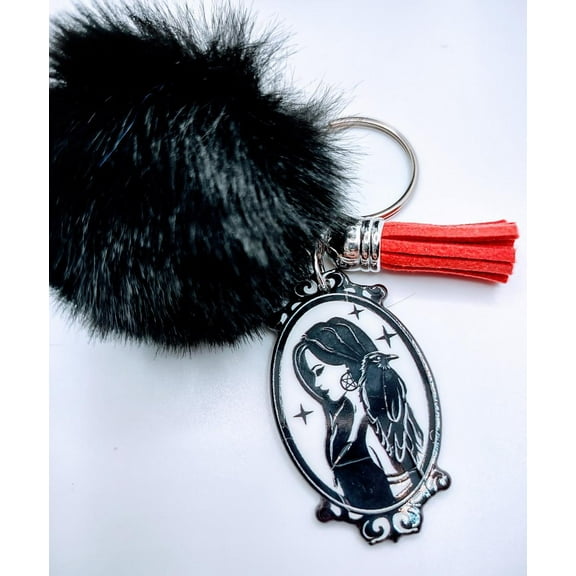 Raven Tamer Acrylic Keychain with fur and tassel charm