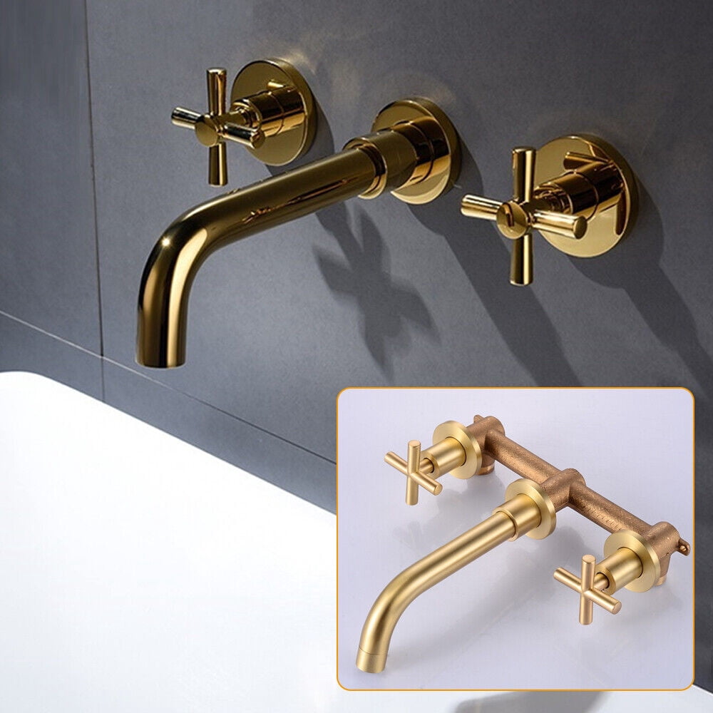 Bathroom Faucet Wall Mounted Brass Sink Brass Mixer 2-Handles Tap 3-Hole Gold