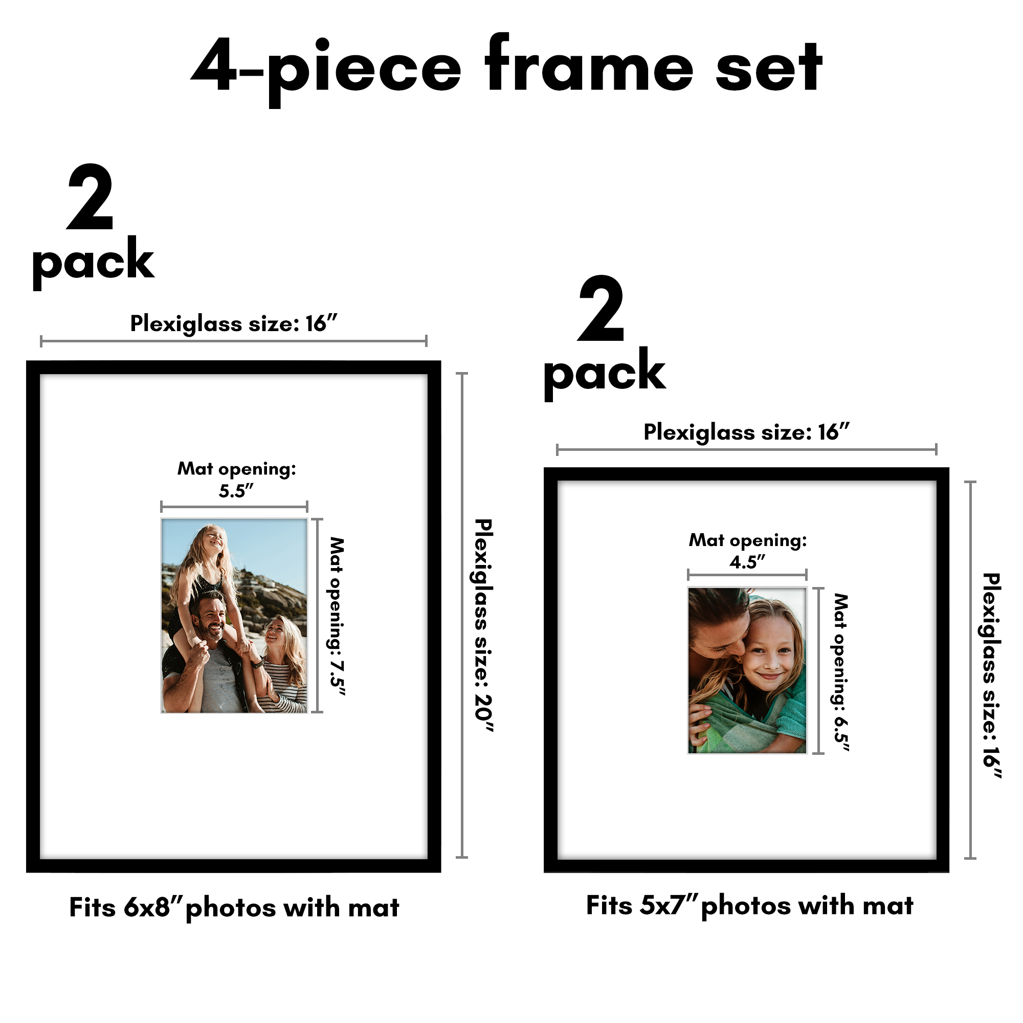 Americanflat Set of 4 Picture Frames - Gallery Wall Frame 2 with 16x20 with 6x8 Mats 2 with 16x16 with 5x7 Mats - Black