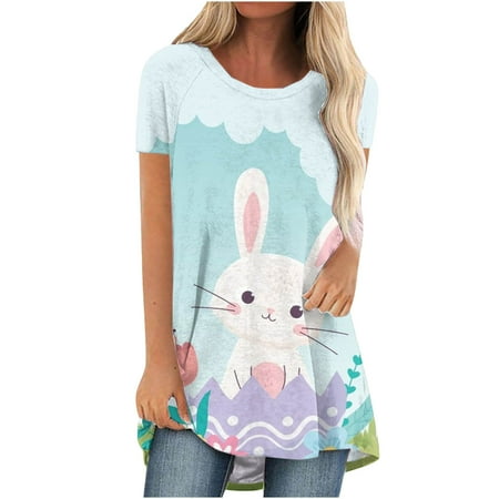 

Summer Blousees for Women 2023 Fashion Women Summer Loose Printed Round-Neck T-Shirt Short Sleeve Casual Blouse Maternity Shirts Sky Blue L
