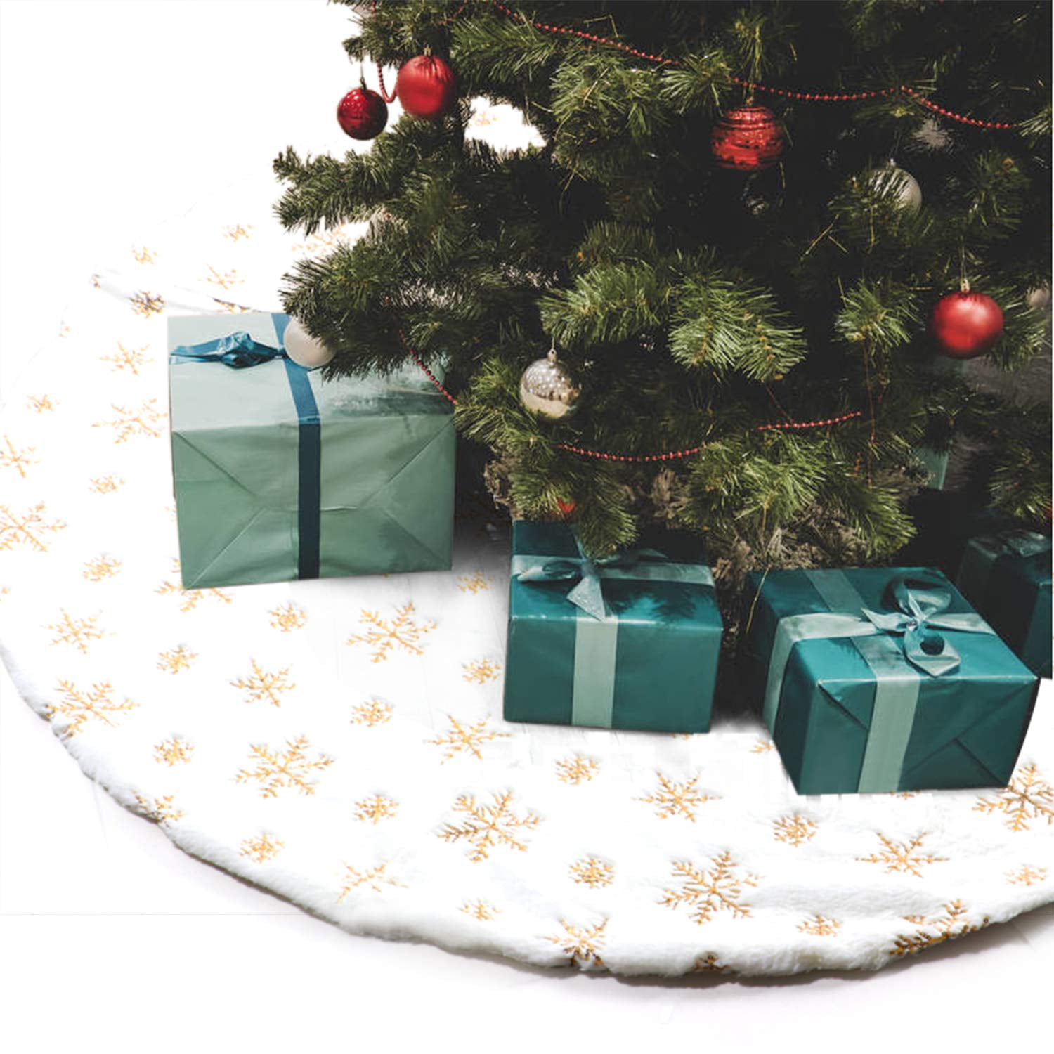 Details about   Christmas Tree Skirt Large Luxury Faux Fur Snowflakes  Xmas Floor Mat 35 inch 