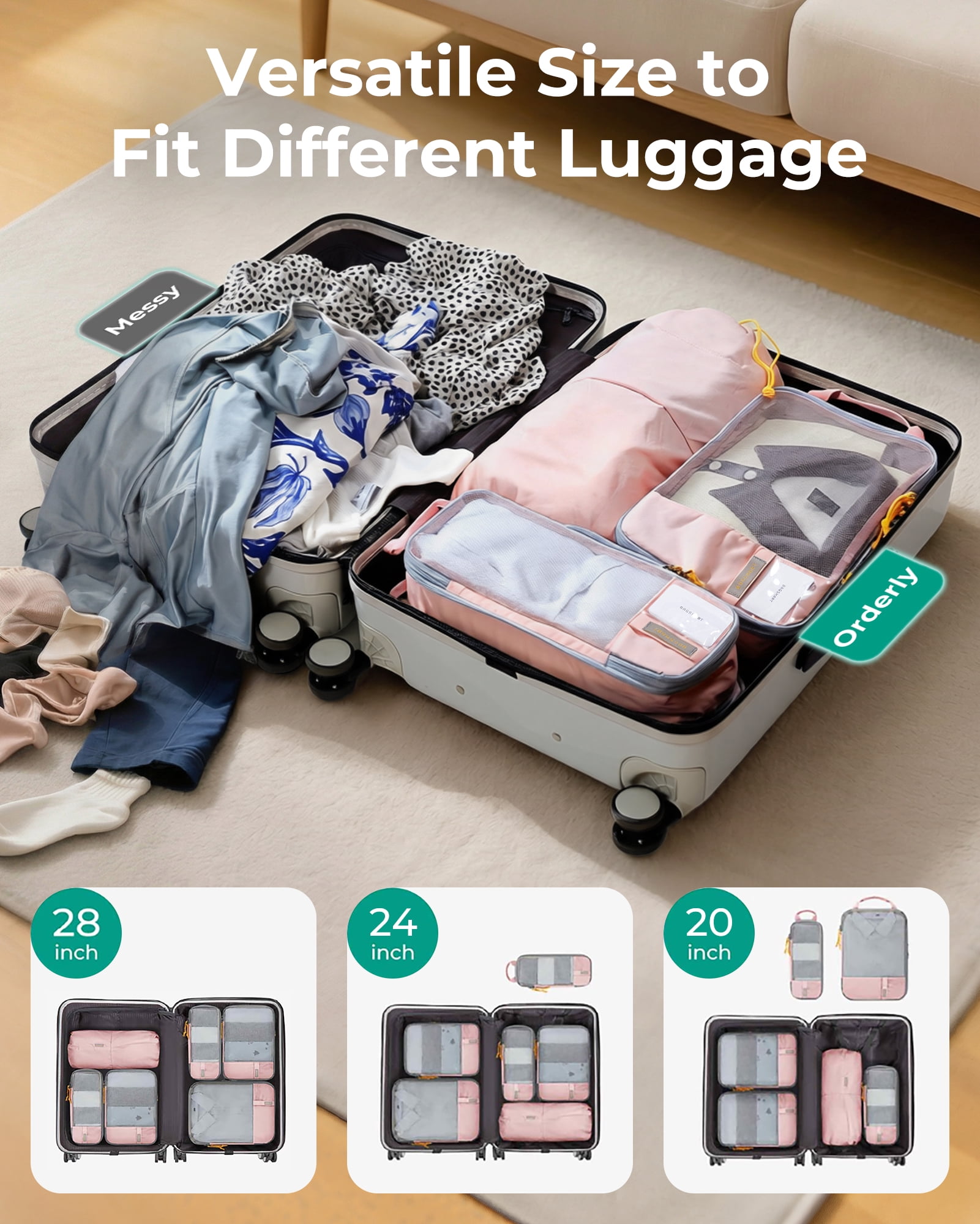 BAGSMART Compression Packing Cubes for Travel Luggage, 6 Pcs Expandable Packing Organizers Foldable Lightweight Suitcase Storage Bags for Travel Accessories, Women Men, Baby Pink