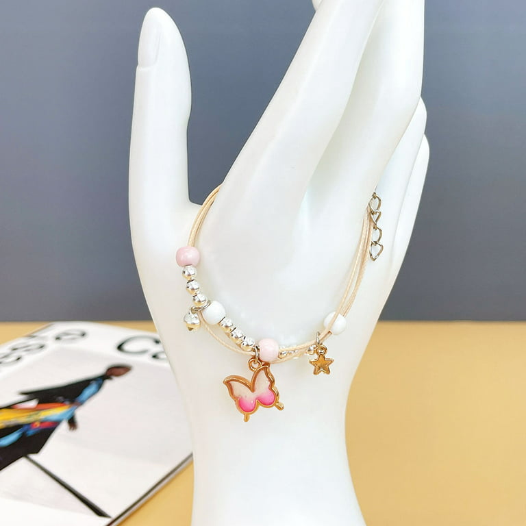 Girls Charm Bracelet Crystal Enamel Flower Adjustable Handcrafted Pink White