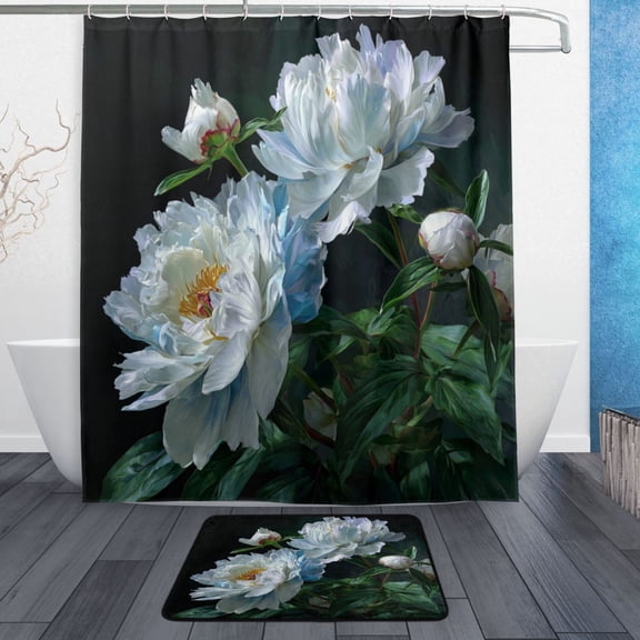 Bath Curtain & 60x72in Non-Slip Bath Mat Set 12-Grommet Shower Curtain Memory Foam Bath Rug White Peony Flower