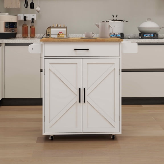 MAYEERTY Kitchen Island Rolling Trolley Cart, Rubber Wood Top with Adjustable Shelves Towel Rack Seasoning Rack White