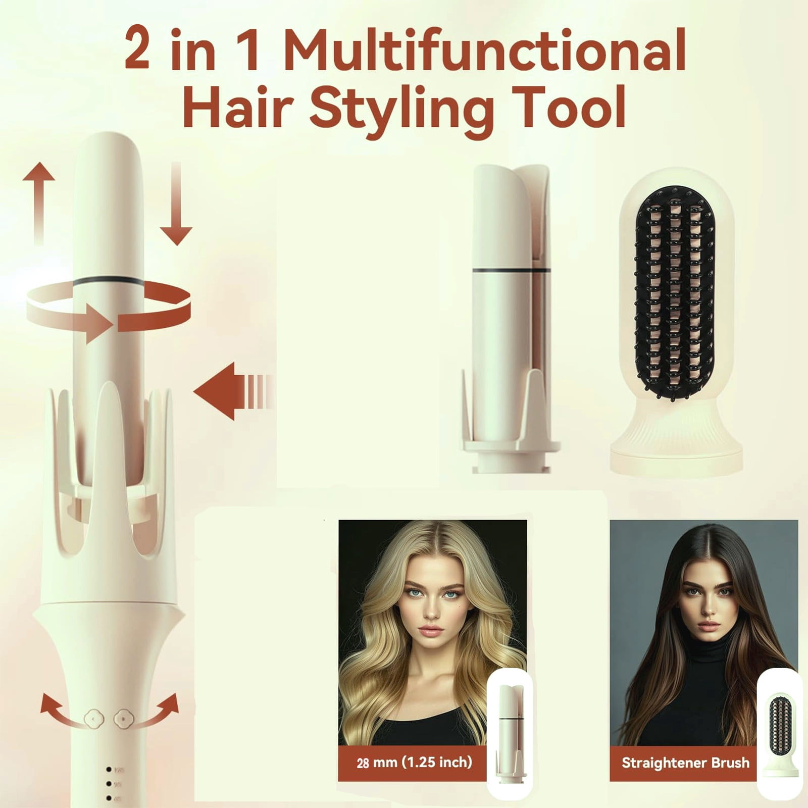 HUAKEYOU Auto Rotating 2-in-1 Hair Curling Iron 28mm Off White, 3 Temp Settings, 60-Min Auto Shut Off, Anti-Scald Ionic Styler