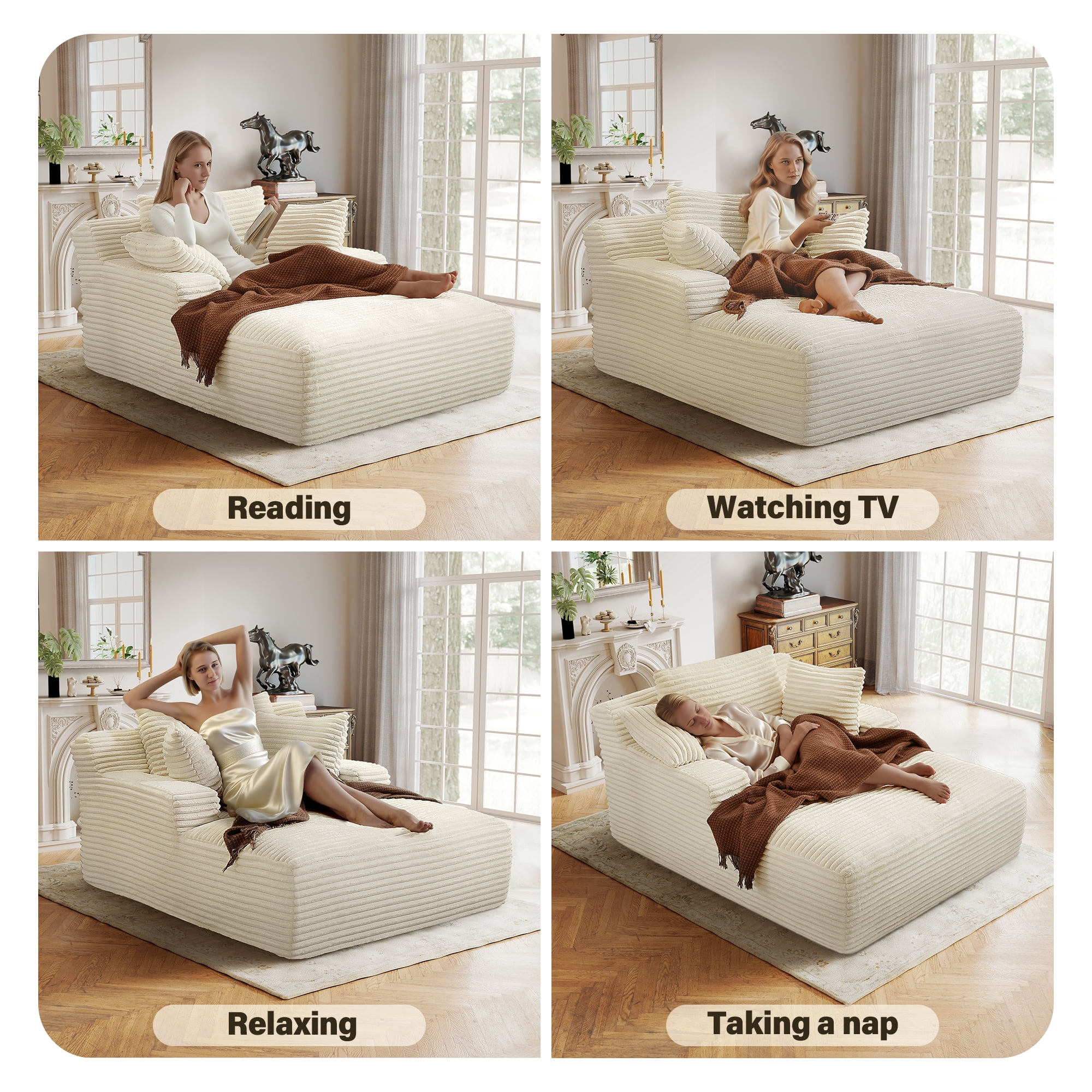 Aukfa Corduroy Chaise Lounge Chair, Oversized Indoor Lounger Floor Sofa Bed for Living Room, Bedroom, Small Space,White