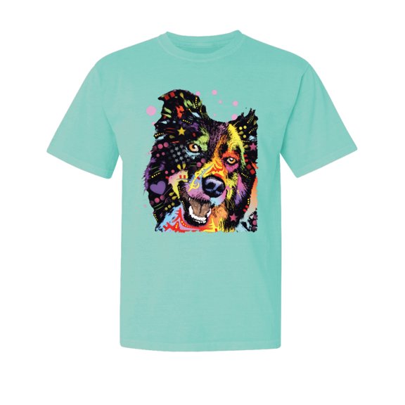 Wild Bobby,Neon Rainbow Happy Cute Dog Dog Lover Garment-Dyed Washed Look Short Sleeve Tees, Mint, Large