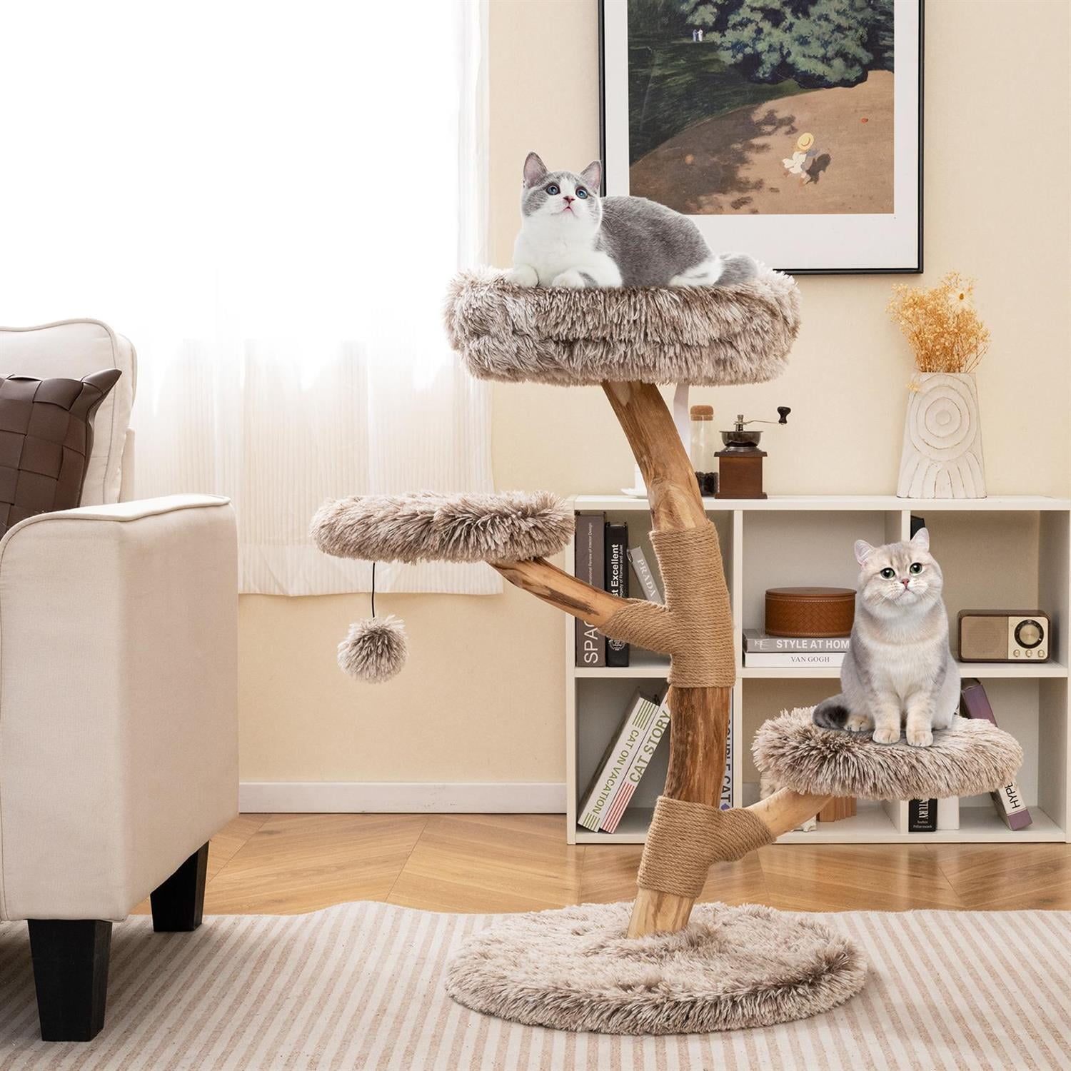 Pefilos Solid Pear Wood Cat Tree, Top Perch & Natural Jute Scratching Posts, Hanging Toy & Anti-Toppling, Brown