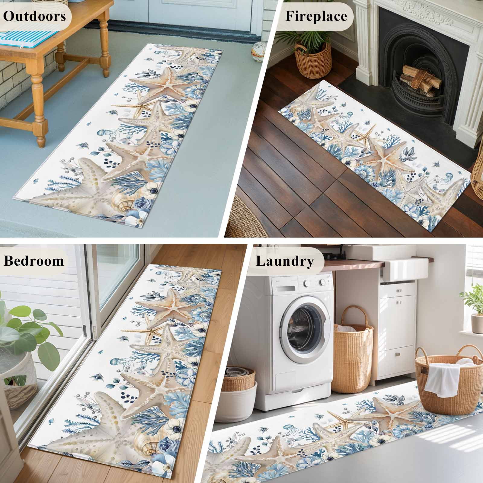 2'x6' Rug Runners for Hallways Kitchen, Blue Beige Coastal Non Slip Entryway Beside Floor Carpet Runner, Beach Starfish Summer Eucalyptus Washable Laundry Room Bedroom Throw Rugs Mat for Family Pet