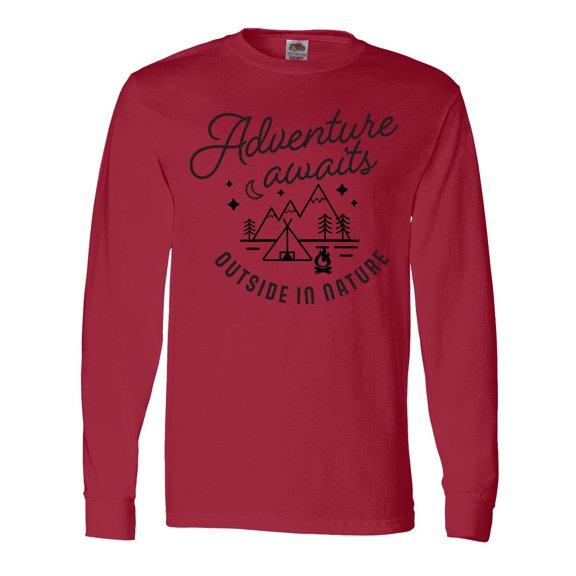 Inktastic Adventure Awaits Outside in Nature with Tent and Mountains Long Sleeve T-Shirt