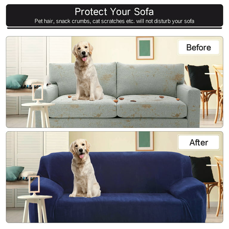 Velvet Sofa Cover Loveseat Plush Couch Cover Slipcover All-Inclusive  Protector Washable with Non-Slip Straps, Navy Blue 