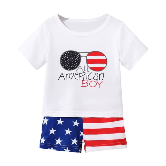 NOLDARES 4th of July Baby Boy Outfit USA Flag Short Sleeve Embroidery Letters Shirt Elastic Shorts 2Pcs Toddler Boys Fourth of July Outfits(White,9-12 Months)