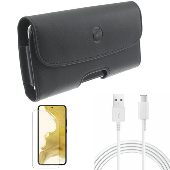 Case Belt Clip & 10ft USB-C Cable & Matte Screen Protector for Samsung Galaxy S22 (6.1") - Leather Holster & Type-C Charger Cord & TPU Film Anti-Glare Accessory Bundle