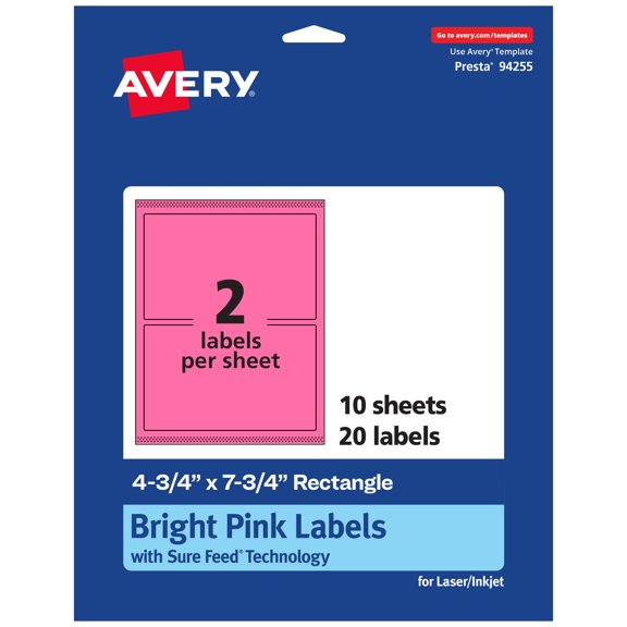 Avery Printable Rectangle Labels, Bright Pink, 4.75" x 7.75", 20ct