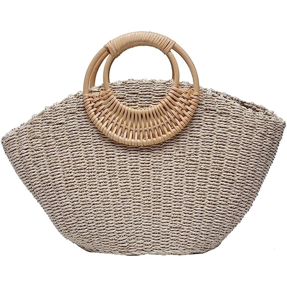 Kukuzhu Summer Holiday Straw Bag Women Large Handmade Woven Beach Travel Handbag Tote Bag with Rattan Handle