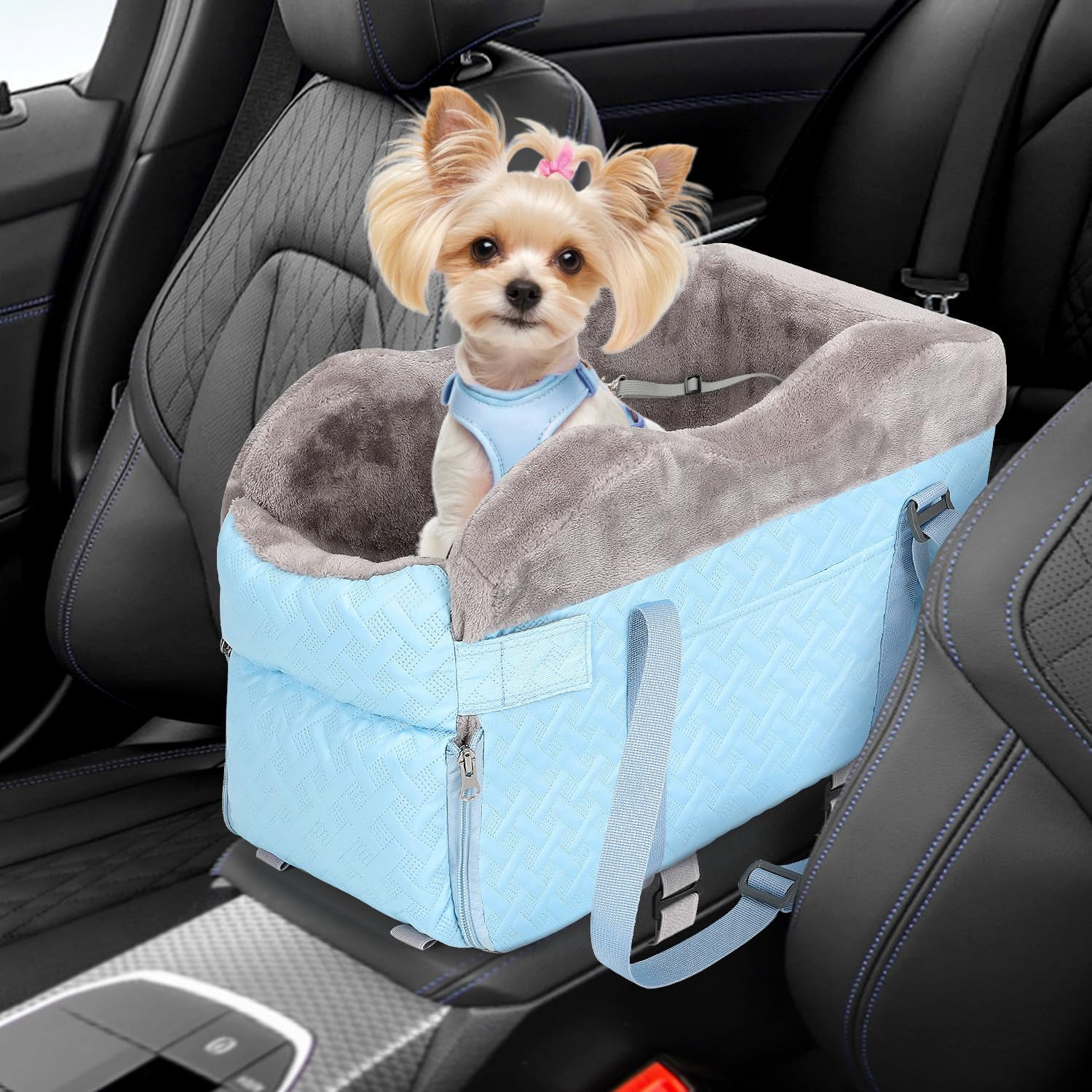 Console Dog Car Seat - Portable Center For Small Dogs Up To 9 Lbs  Washable Pet Carseat With Soft Cushion Safe Protection Hooks & Storage Pocket Blue