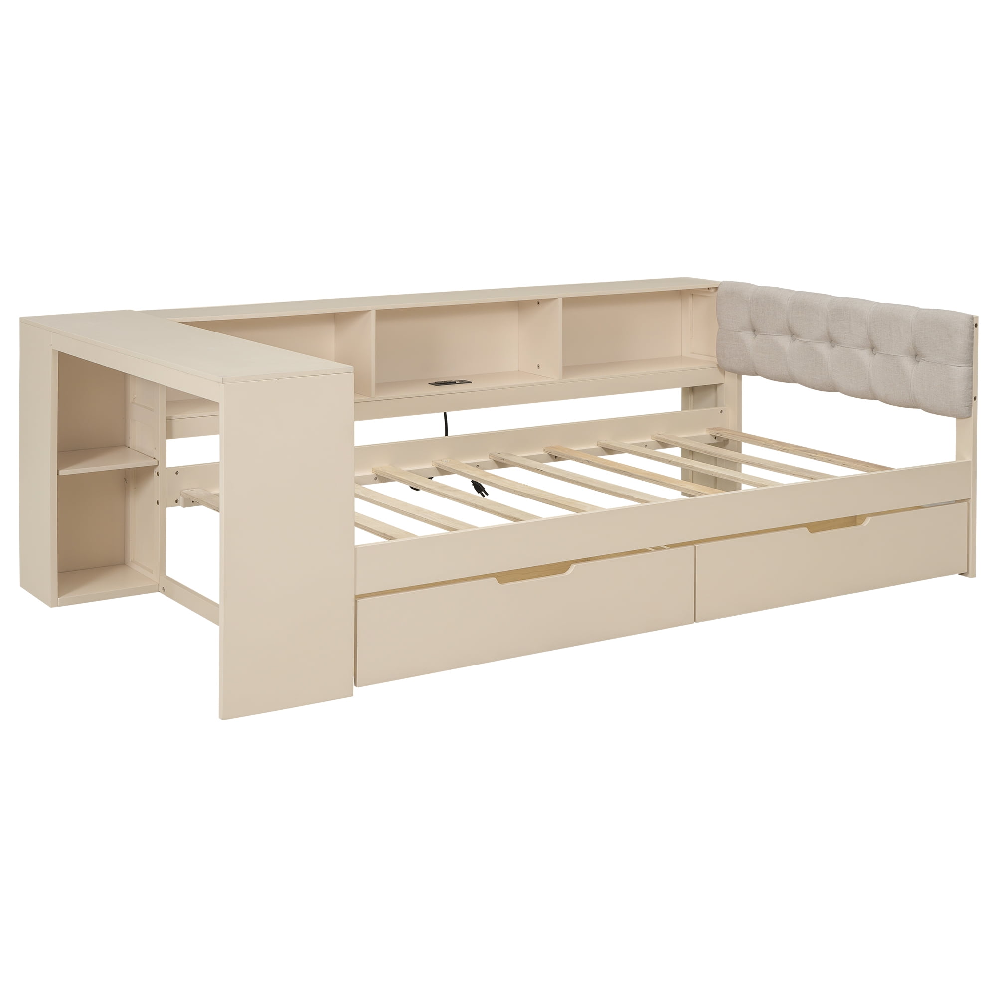 MAYEERTY Wood Twin Size Platform Bed with Storage Shelves, Drawers, Charging Station and Upholstered Headboard, Cream