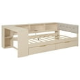 thumbnail image 3 of MAYEERTY Wood Twin Size Platform Bed with Storage Shelves, Drawers, Charging Station and Upholstered Headboard, Cream, 3 of 12