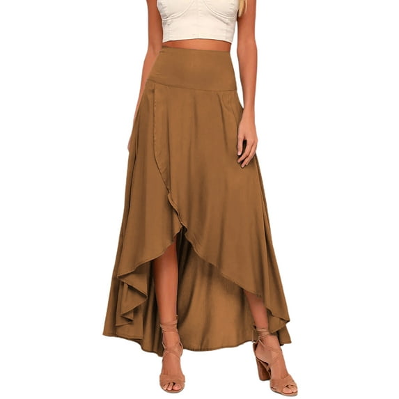 Hanerdun Women Solid Pleated A-Line Skirts Female Split Beach Skirt Brown M