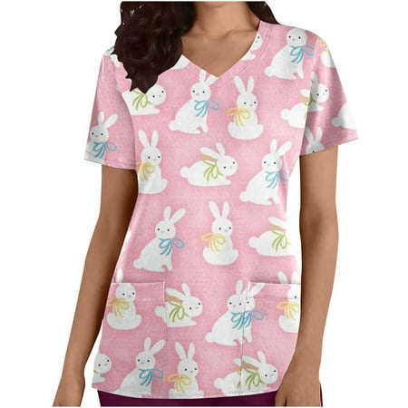 

Komiseup Easter Scrub Tops Women Summer Womens Bunny Eggs Print Dressy Casual T Shirts Short Sleeve Sexy Tunic V-Neck Tees