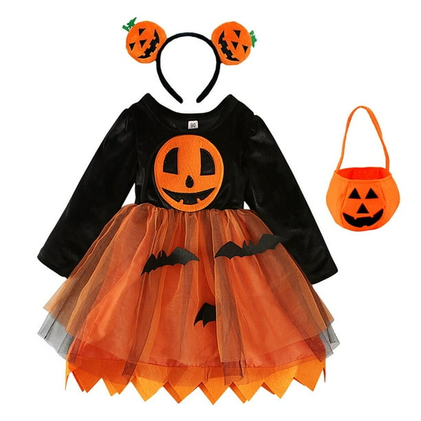 Disfraz de Halloween para niñas, conjunto de ropa, diadema, bolsa de calabaza, 2023