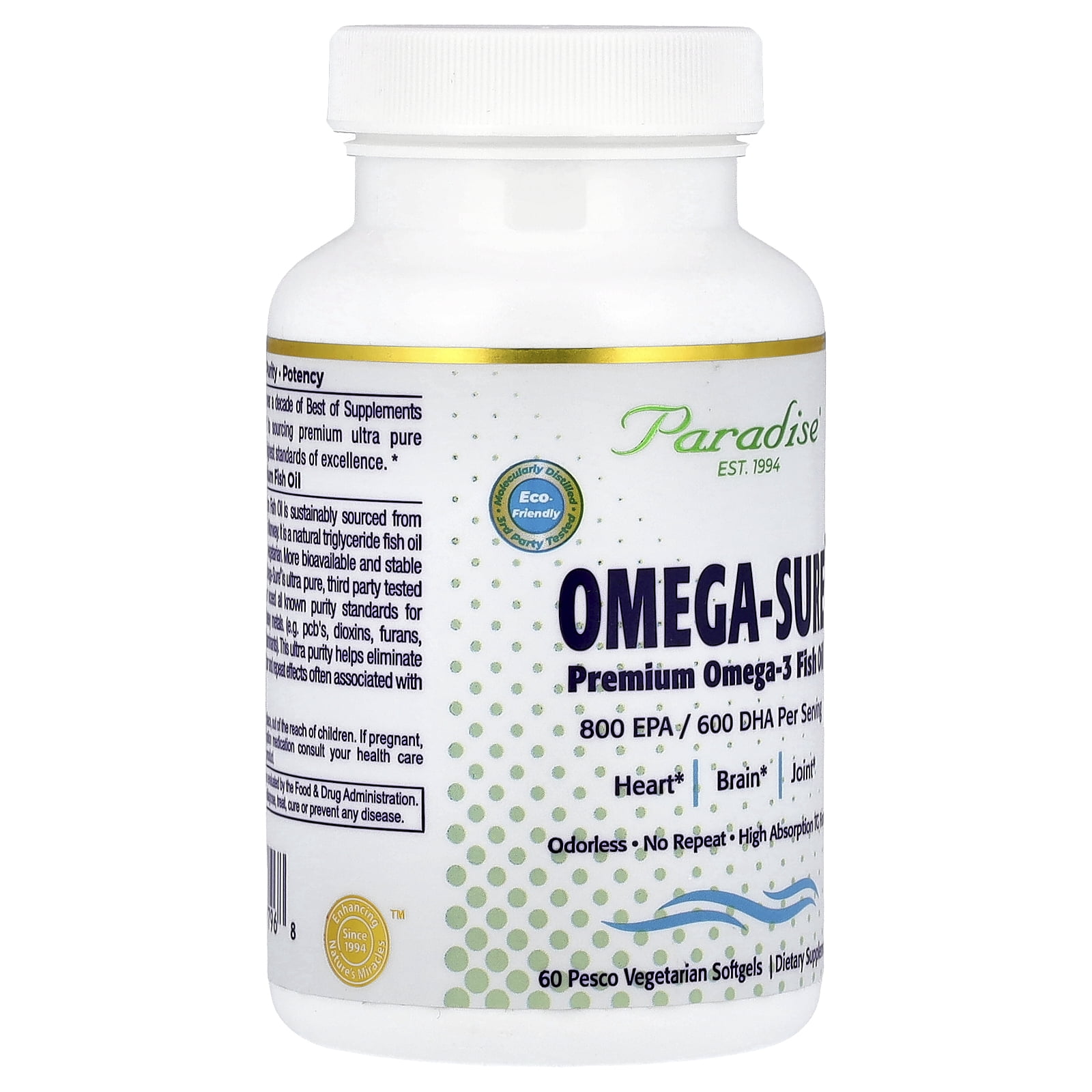 Paradise Herbs Omega-Sure®, Premium Omega-3 Fish Oil, 60 Pesco Vegetarian Softgels