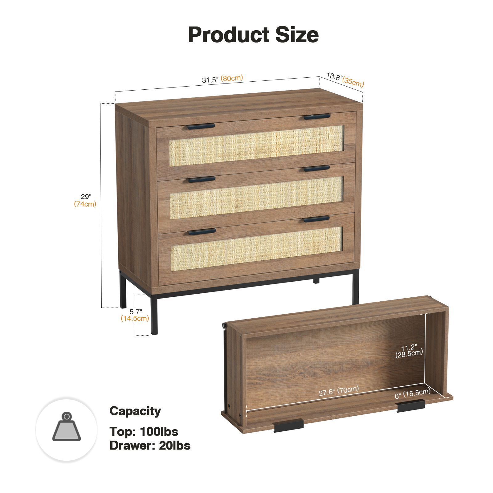 Eumyviv Mid-Century 3-Drawer Dresser, Rustic Wood Chest for Bedroom Living Room, Oak