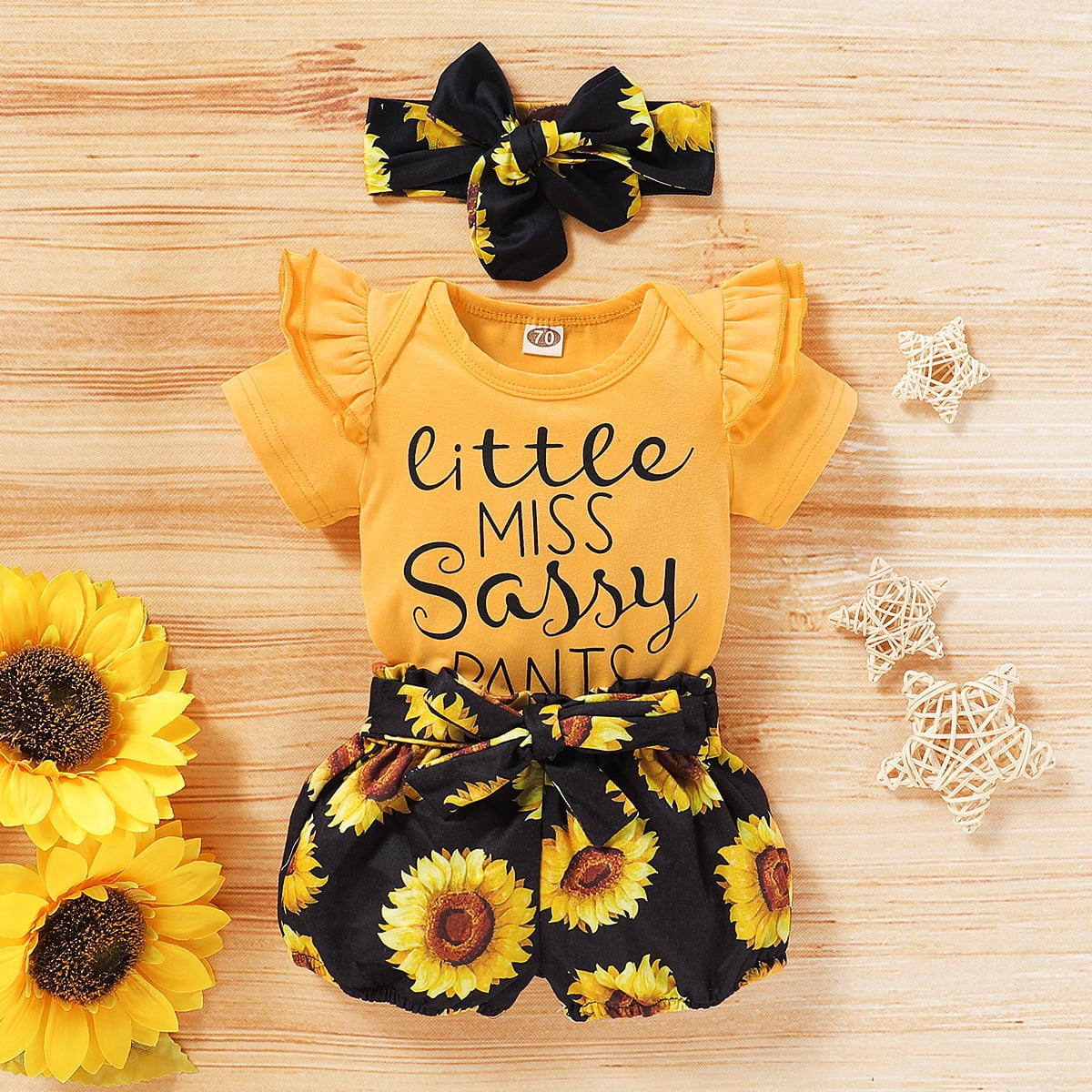 Baby Girl Little Miss sassy Tops Sunflower Pants Headband 3Pcs