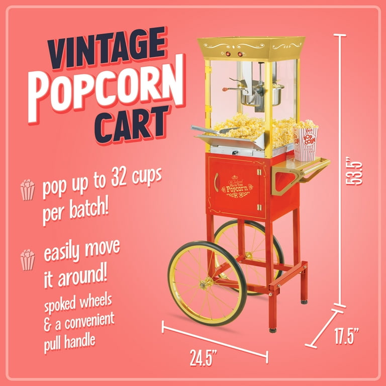 Nostalgia Vintage Popcorn Maker Cart, 8 oz Stainless Steel, Makes