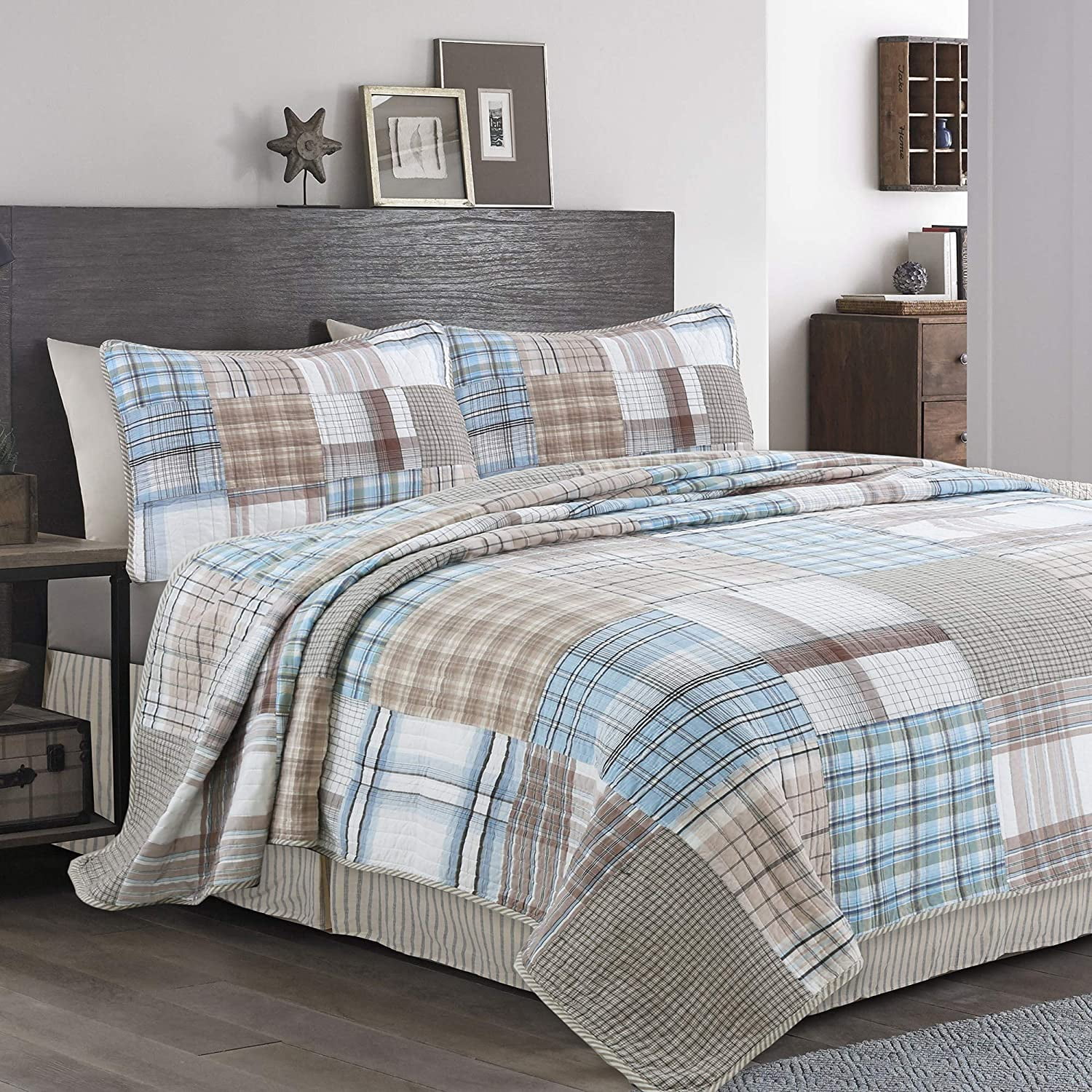 Cozy Line Home Fashions Hank Blue Grey Brown Plaid Grid Patchwork 100