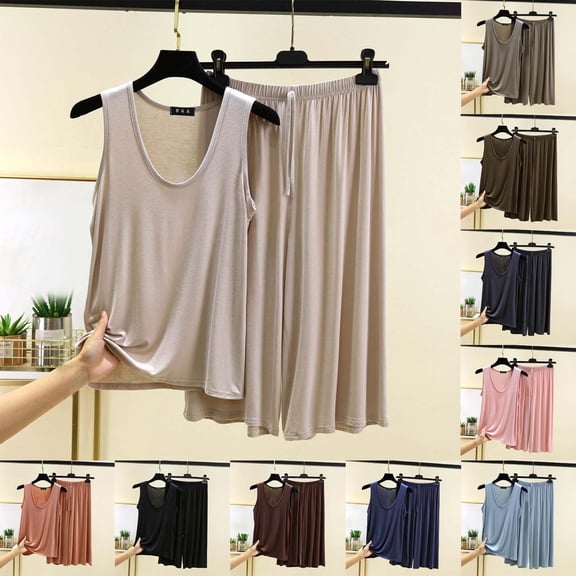 Wlynlyn Womens Lounge Sets 2 Piece Pjs Outfits Short Sleeve Crewneck T-Shirts Drawstring Wide Leg Pants Sleepwear