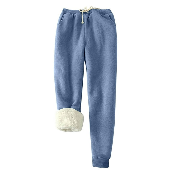 IROINNID Fleece Sweatpants for Women Thermal Printed Winter Pants Lamb Fleece Elastic Thickened Plush Warm Sweatpants Long Pants,Blue