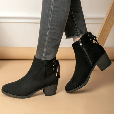 

Akiihool Women Ankle Boots Womens Pointed Toe Stacked Mid Heel Lug Sole Booties (Black 8)