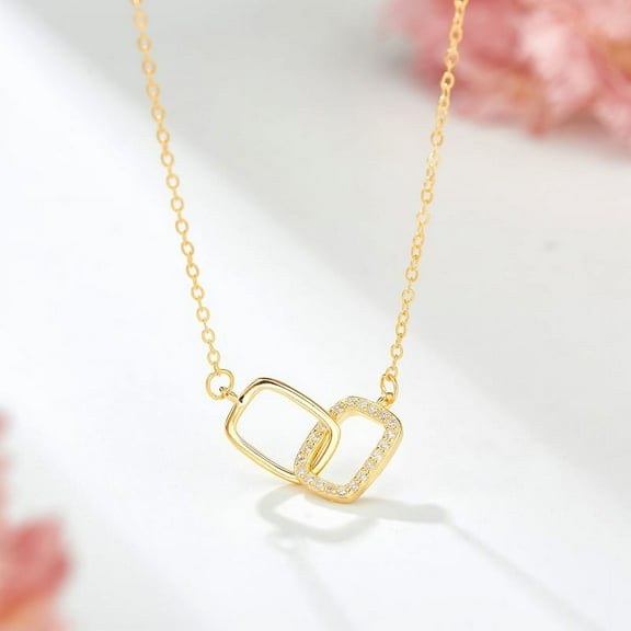14k Yellow Gold Necklace for Women - Yellow Gold Filled Sterling Silver Chain - Double Square Hoop Gold Chain for Women